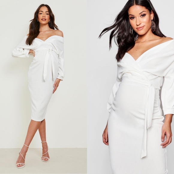 NWT!!! Boohoo Maternity Off The Shoulder Wrap Midi Dress - Picture 1 of 7